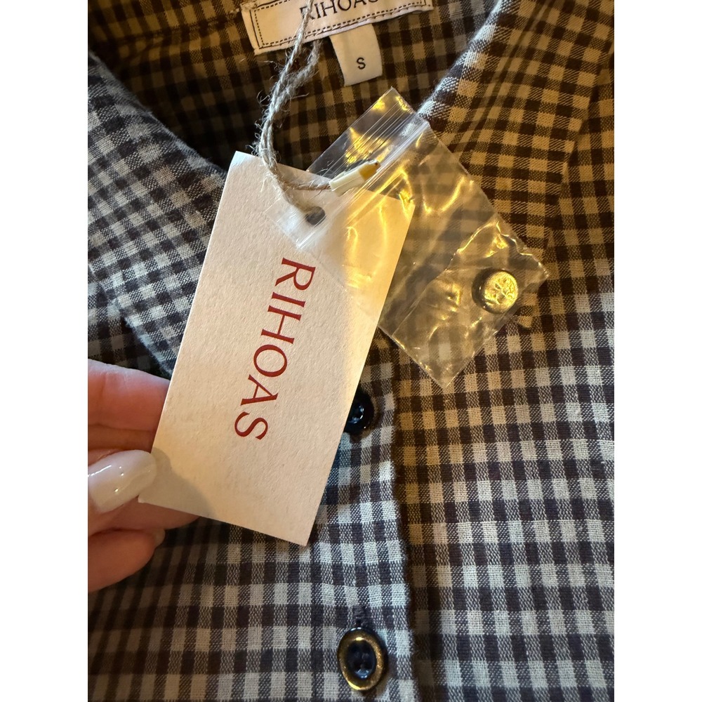 RIHOAS Pleated Mini Dress Women Small Brown Plaid Lapel Cotton NWT Button Front - Picture 11 of 12